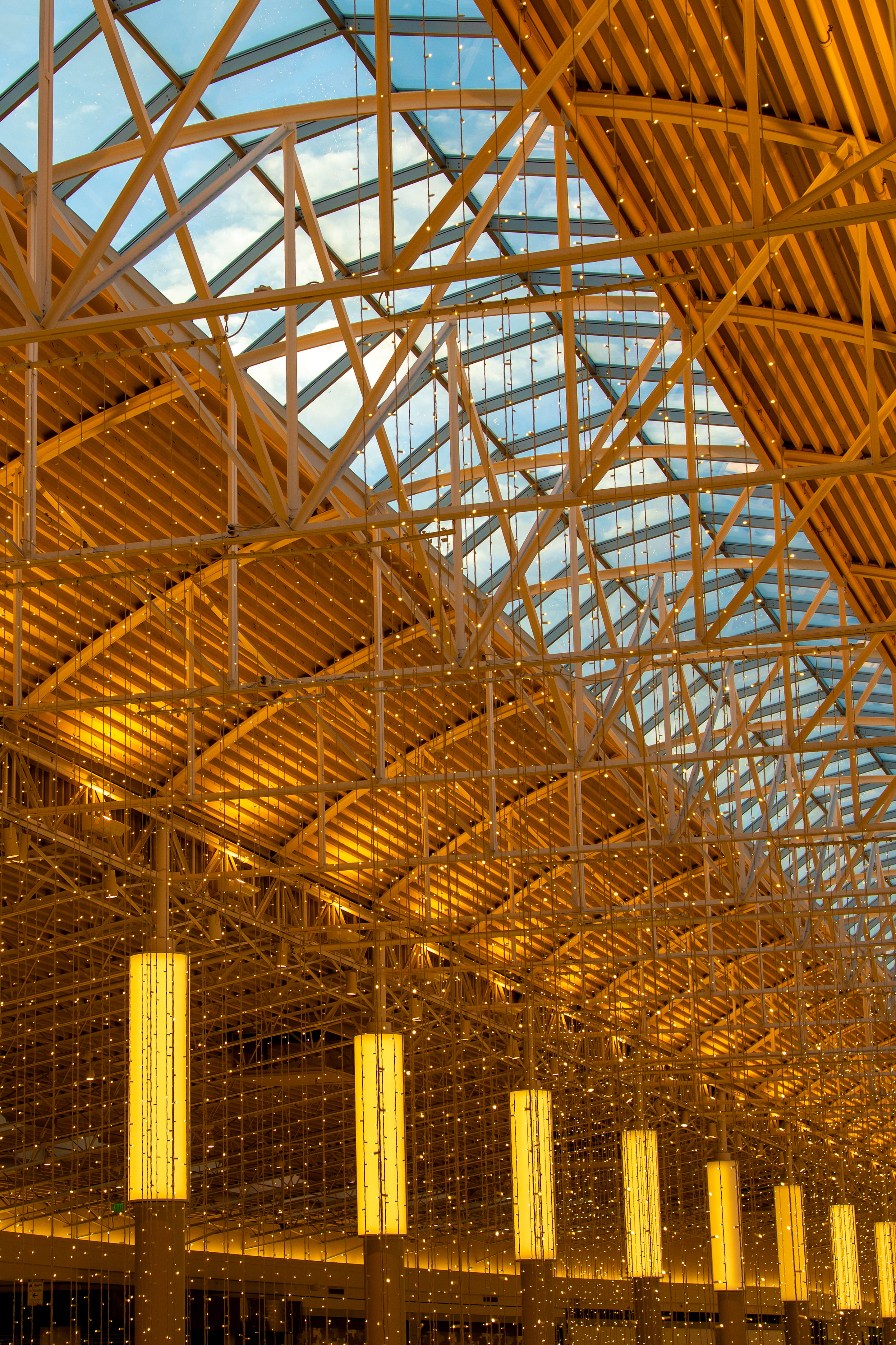 String lights under a warmly lit skylight